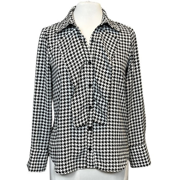 Kay Celine Dorian Ruffle Front Poly Chiffon Houndstooth Print Blouse XS - Picture 1 of 5